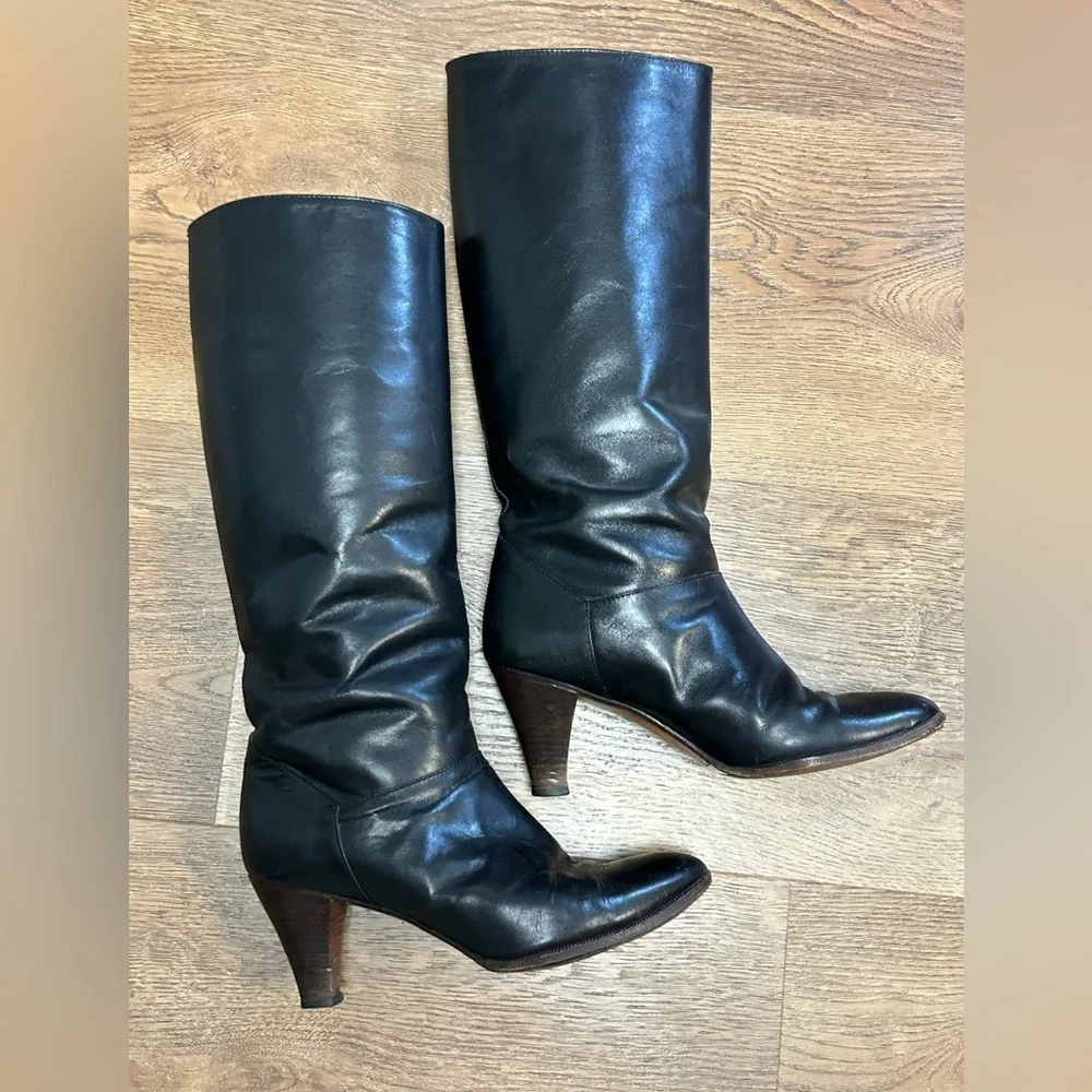 Vintage GUCCI Black Leather Wood Heel Knee Boots 29946 6035 Sz 38 Made in Chile - Picture 1 of 11